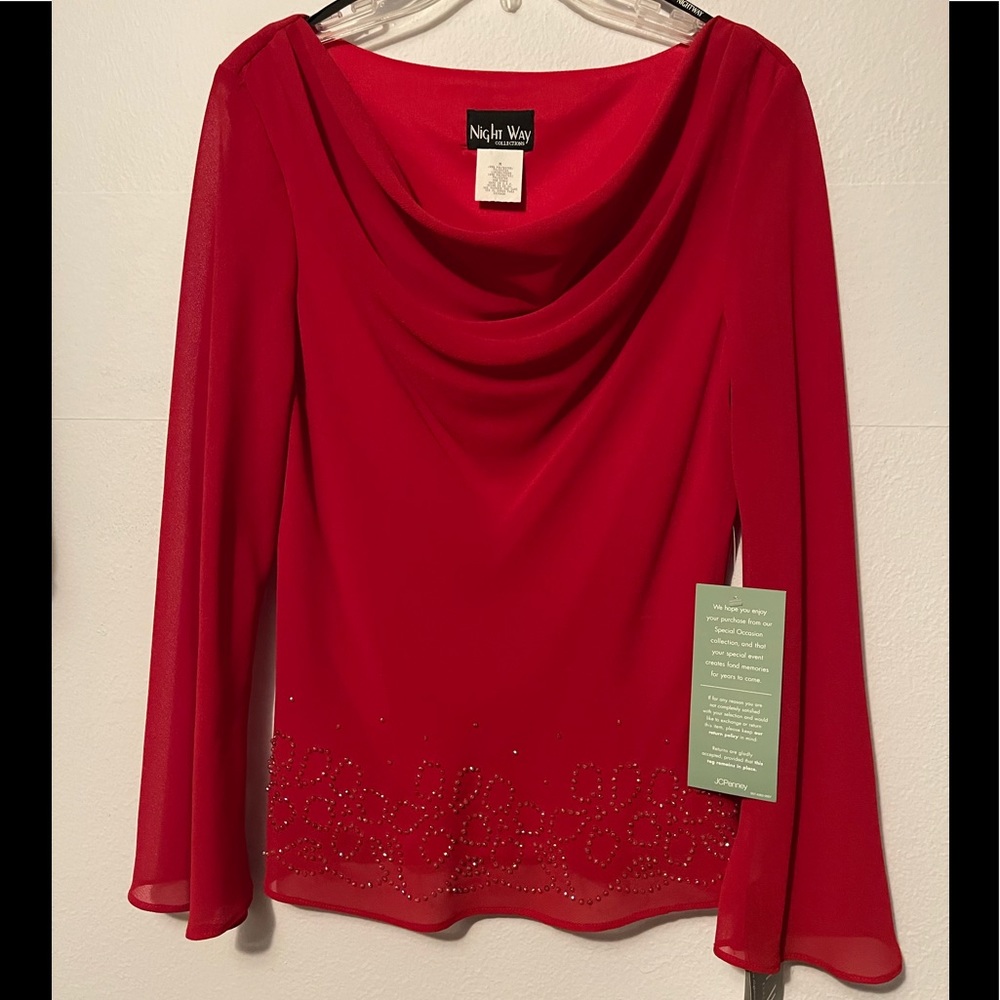 Night Way Collections - Red beaded flutter sleeve top. New With Tags